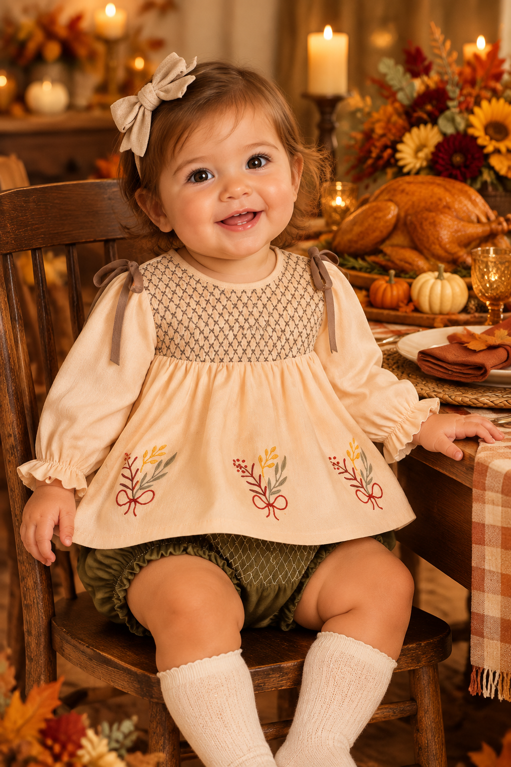 Khaki floral smocked bloomer set