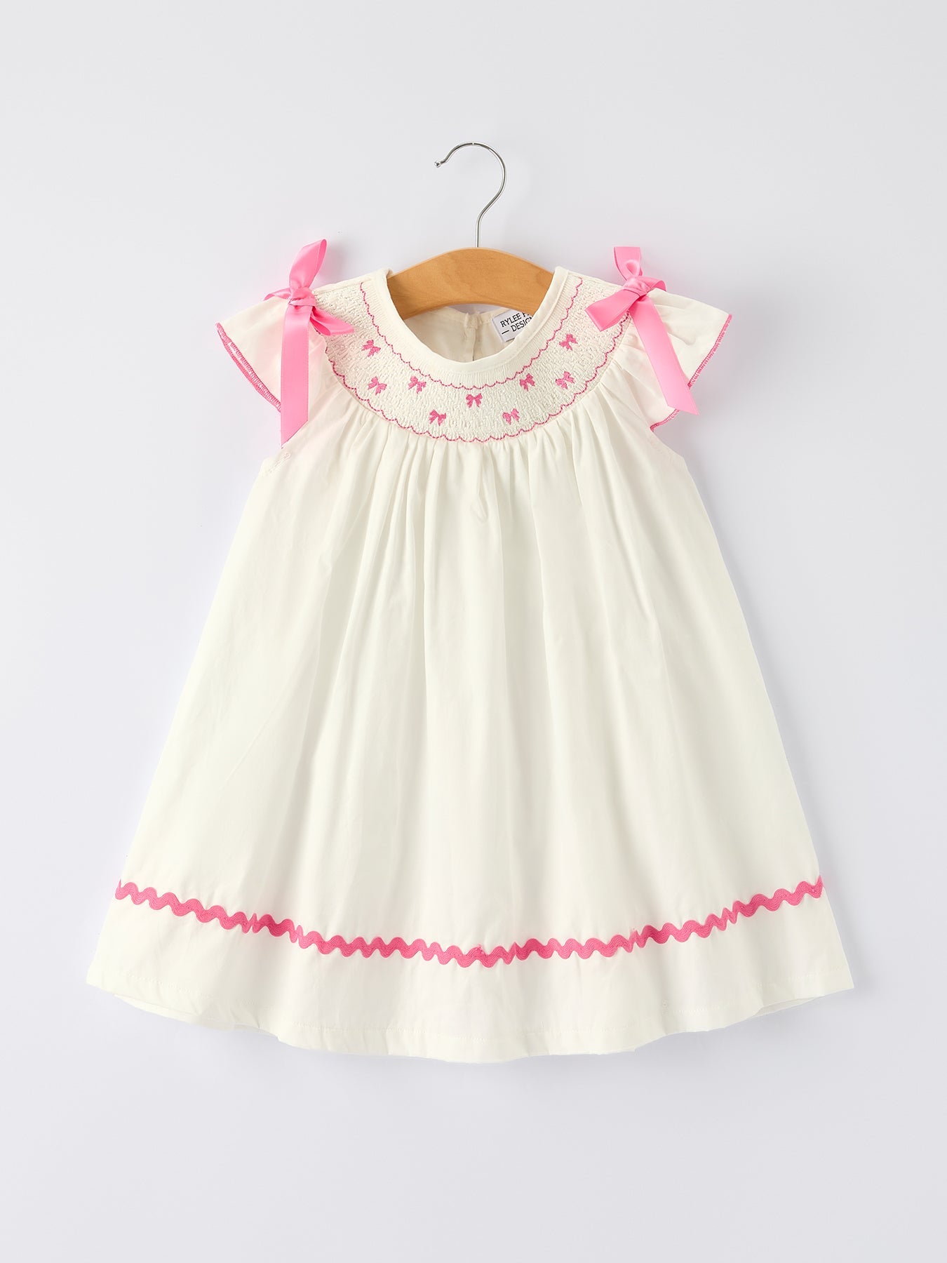 Spring White Girls Dress with Pink Bow Embroidery 3