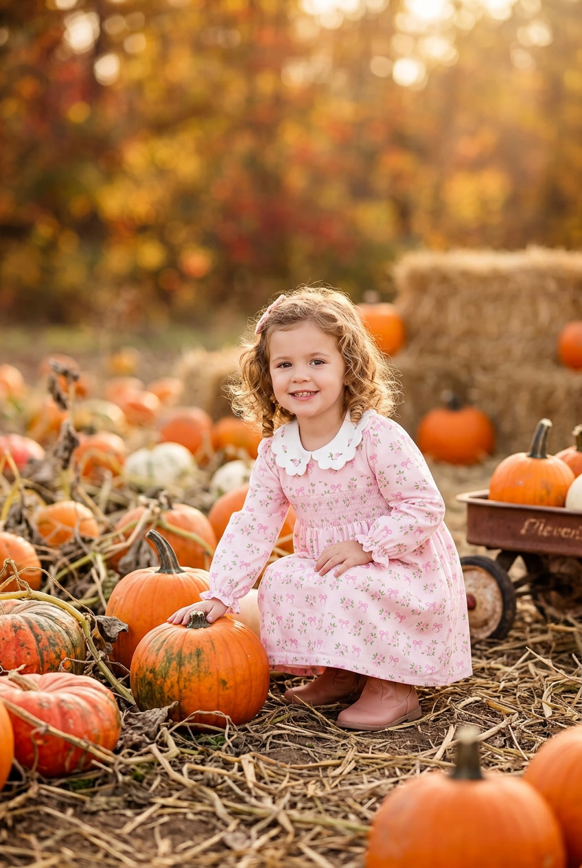 FALL Girls Pink Floral Embroidered Collar Smocked Dress
