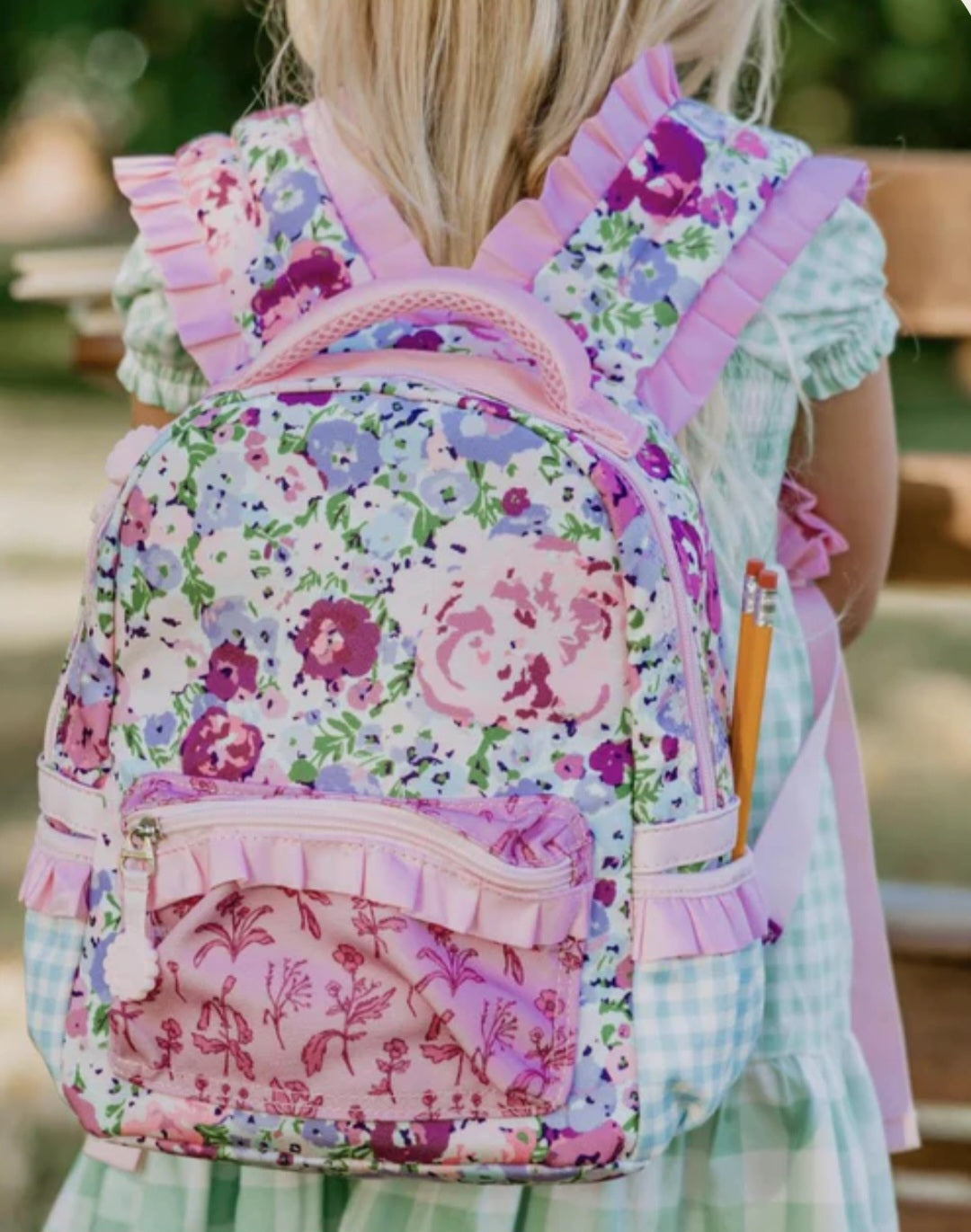 Pink trim with flowers and blue checkers