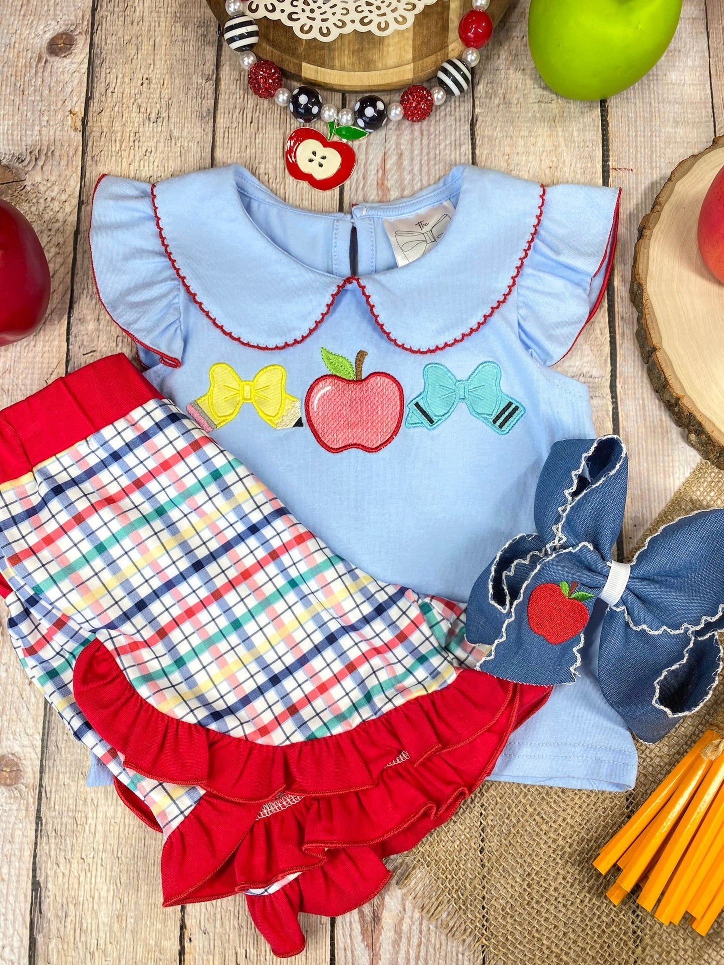 Apple Bow Collar Top & Plaid Ruffle Shorts Set | Girls School Outfit