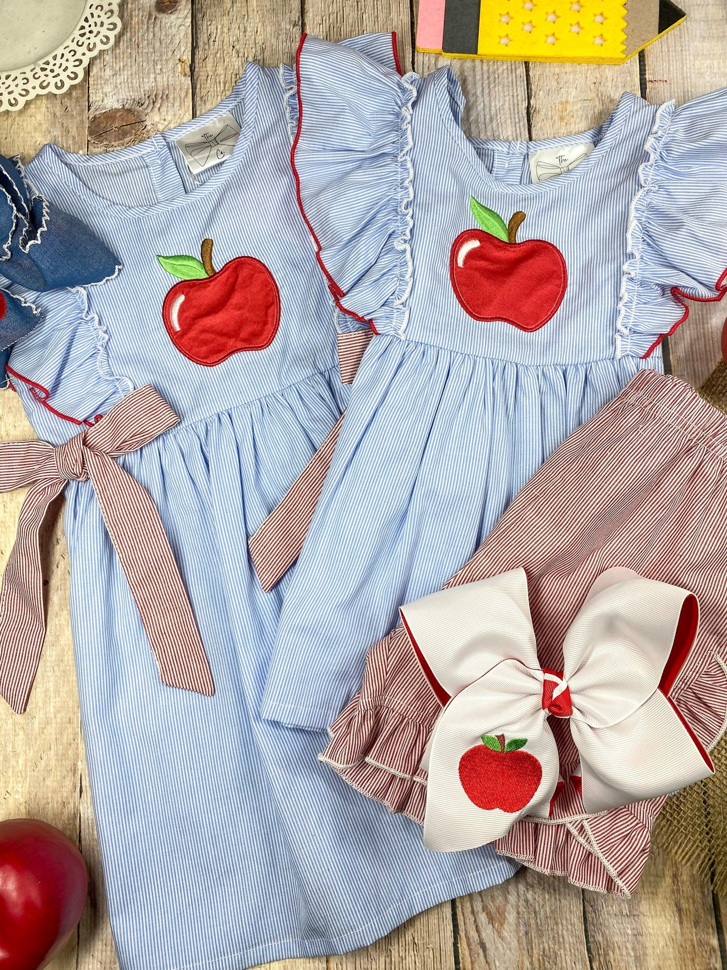 Apple Stripe Tie Applique Dress | Girls Back to School Dress