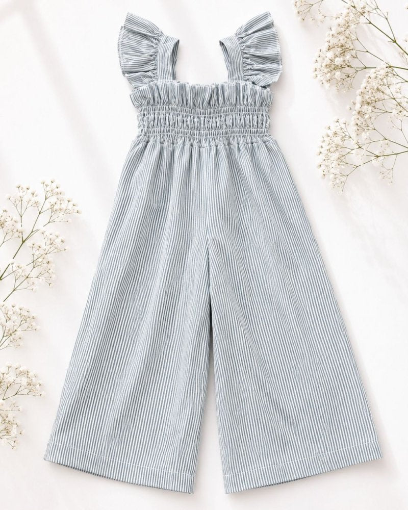 Goldie Smocked Jumpsuit - Sage Pinstripe