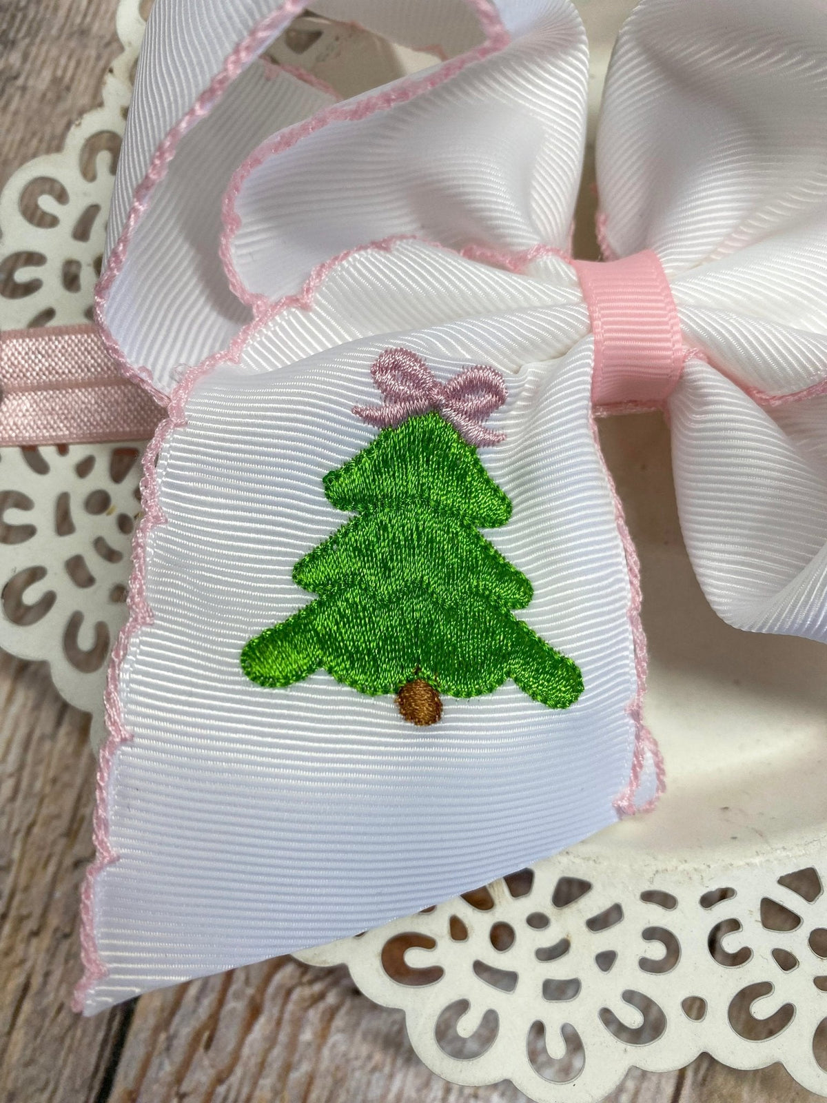 Pink Christmas Tree Embroidered Hair Bow | Clip or Headband