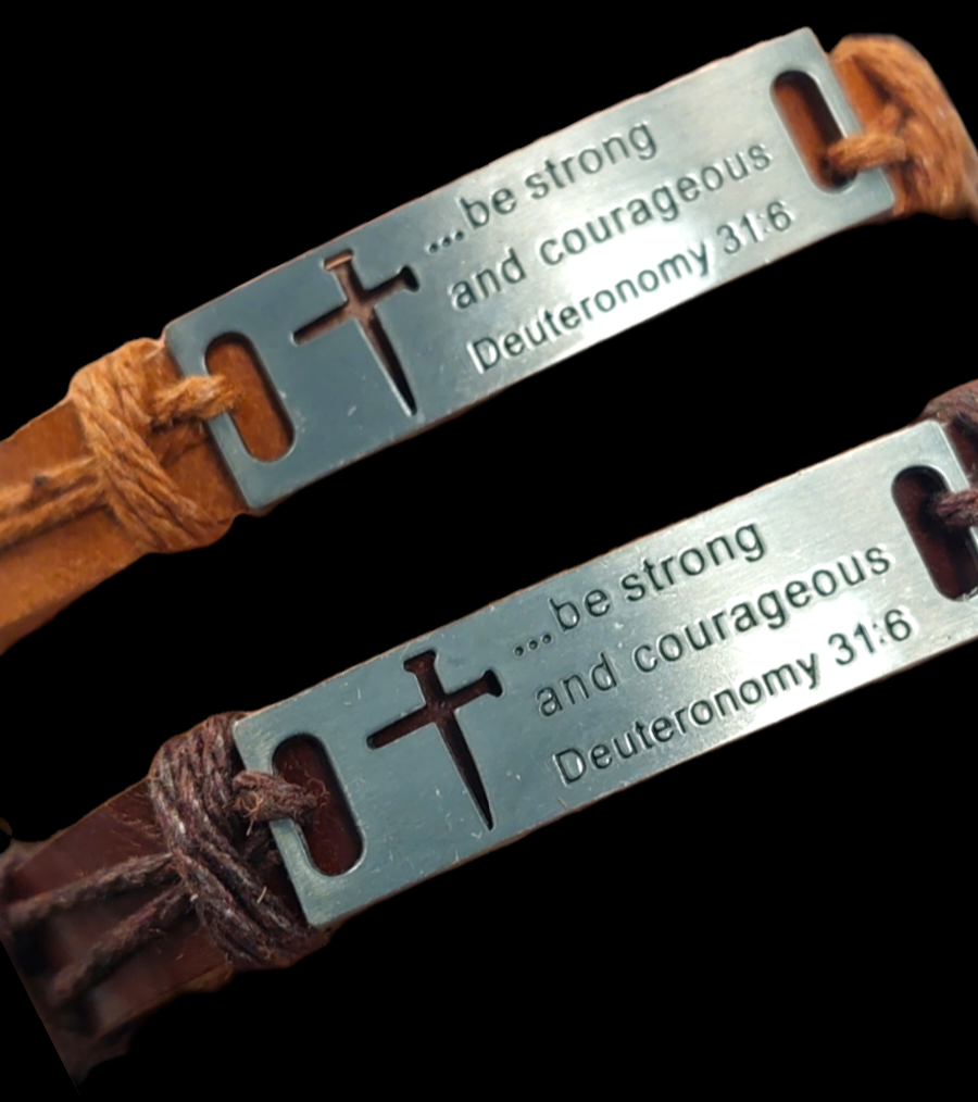 Leather bracelet with metal plate bible verse