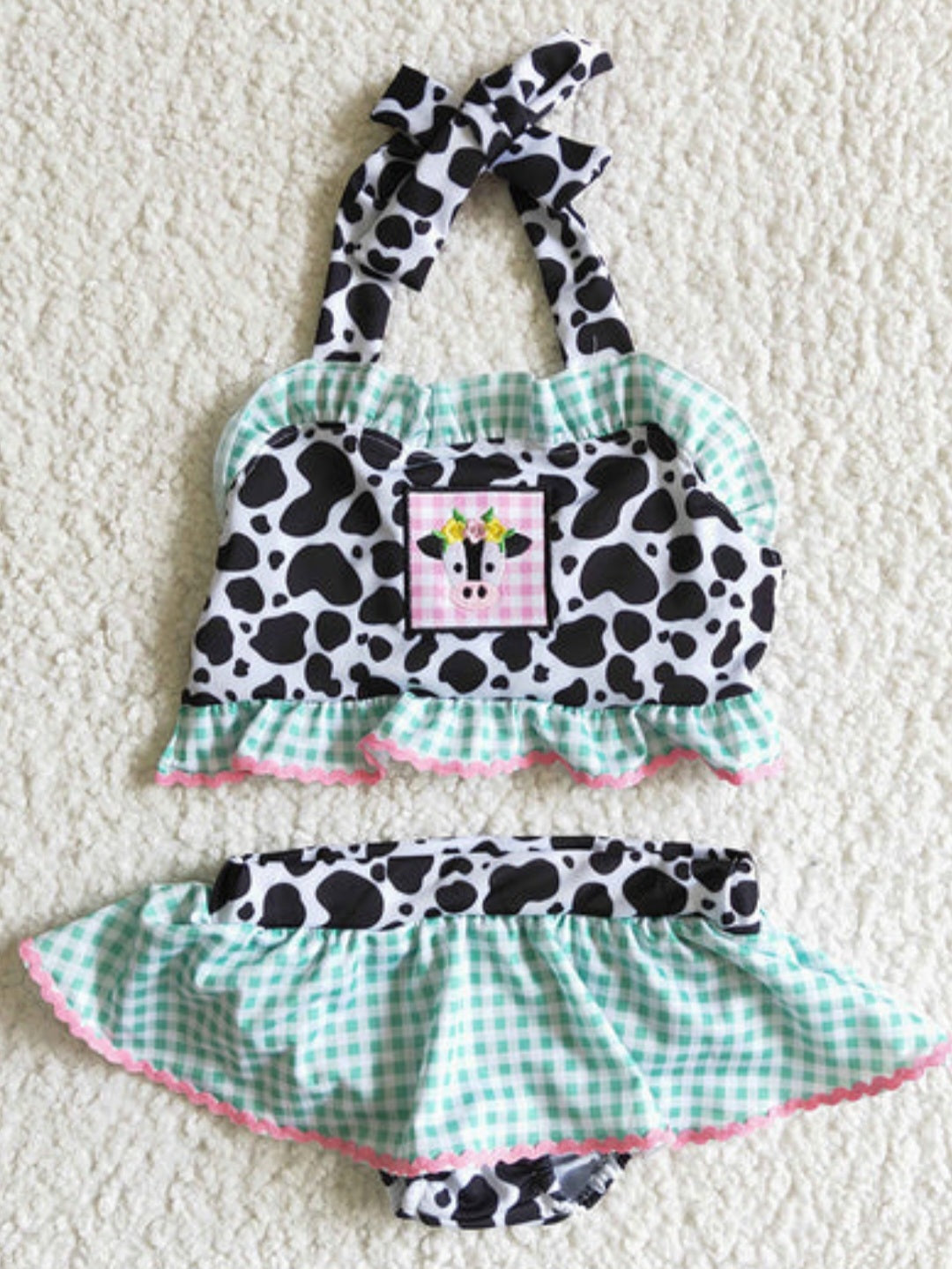 Brother/sister swimwear match cow with ruffles
