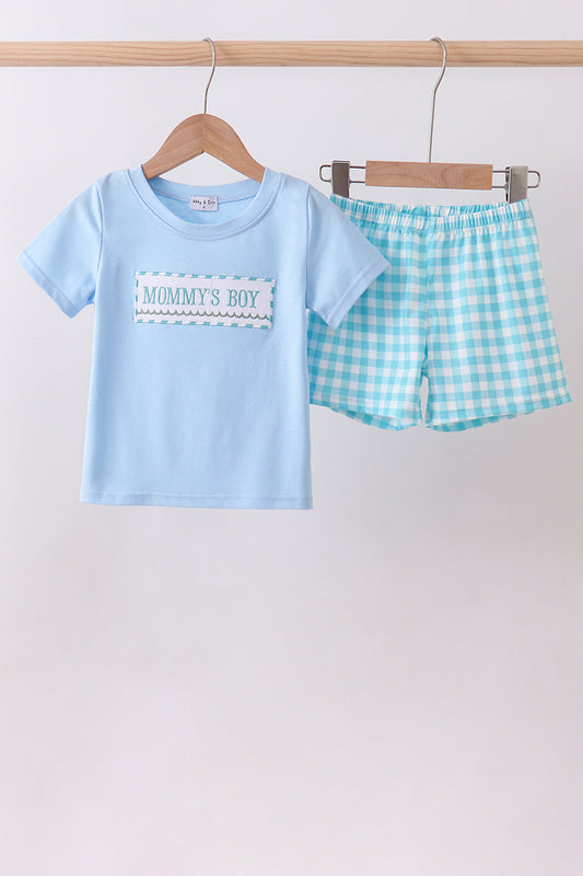 Blue mommy's boy embroidery gingham shorts set