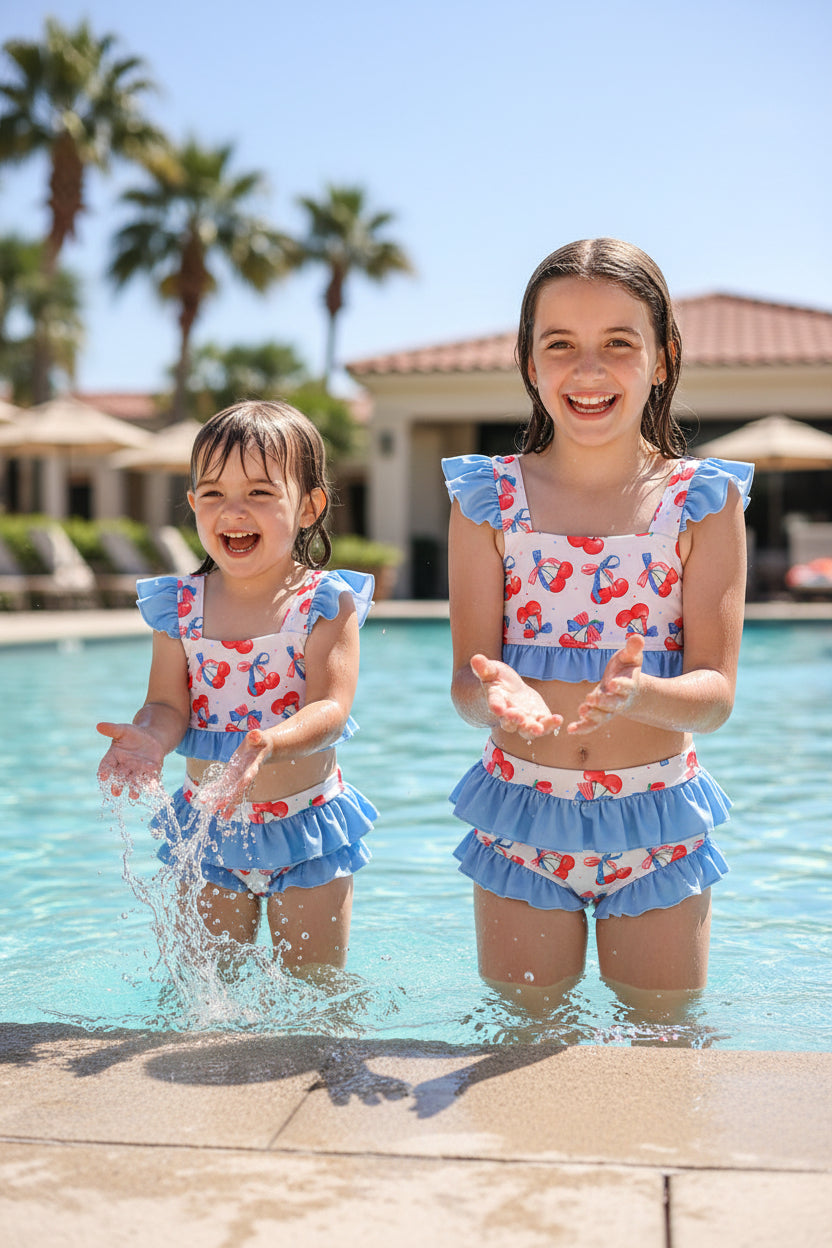 Blue cherry print 2pc ruffle swimsuit
