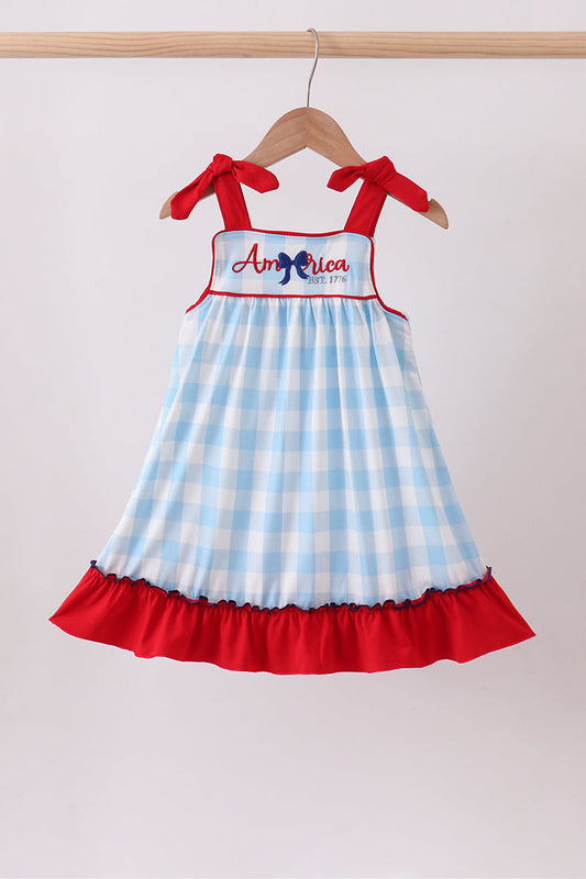 Blue America embroidery gingham ruffle dress