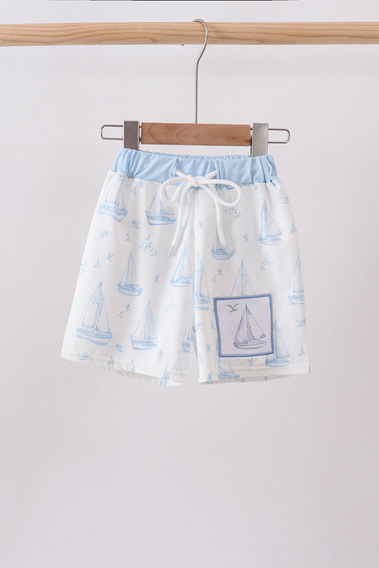 Blue Sailboat Embroidered Swim Trunks