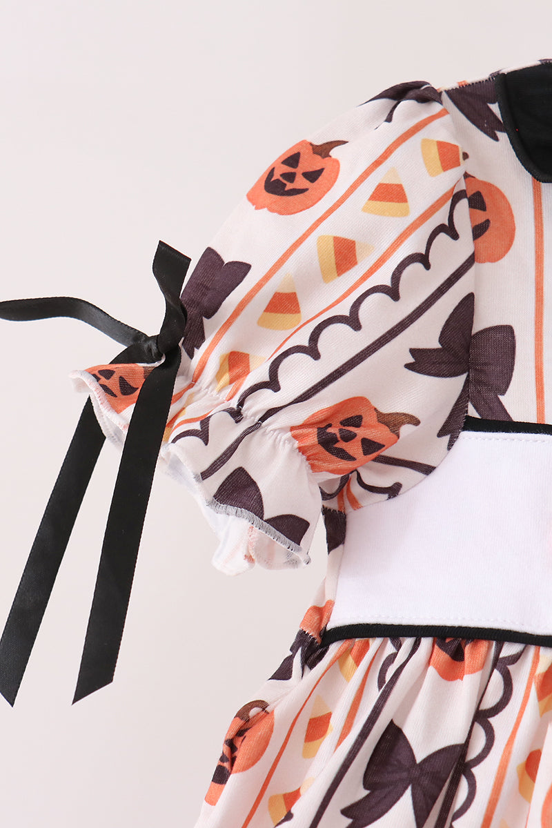 Pumpkin bow embroidery ruffle bloomer set