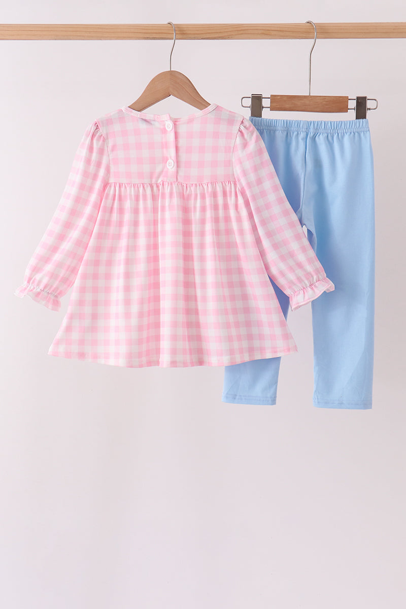 Pink Turkey Embroidery Gingham Pants Set