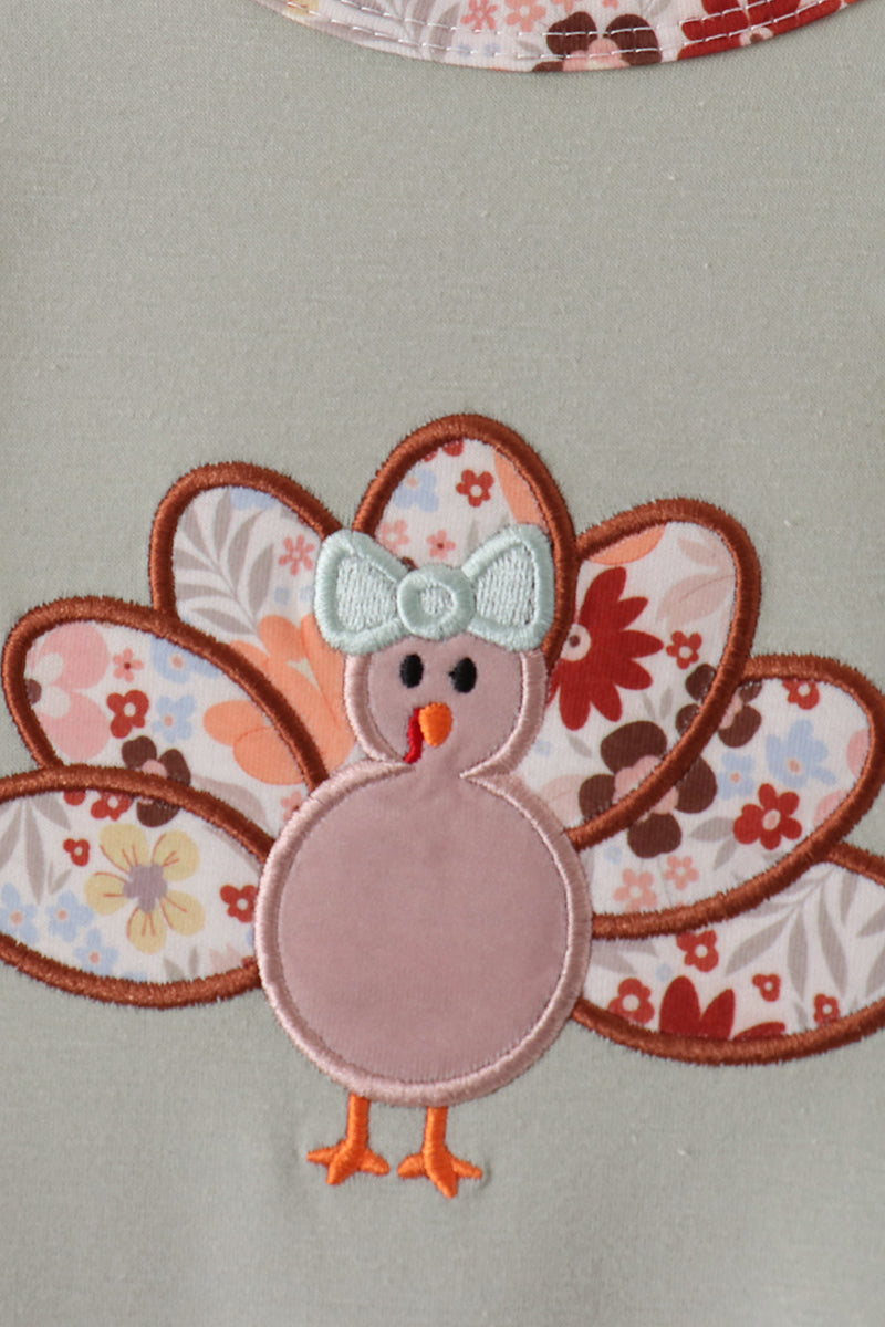 Sage Turkey Applique Ruffle Romper