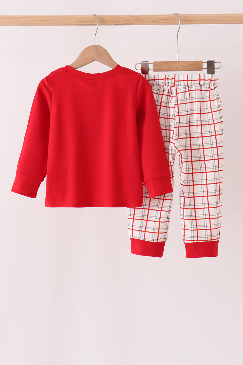 Red Santa Applique Plaid Pants Set