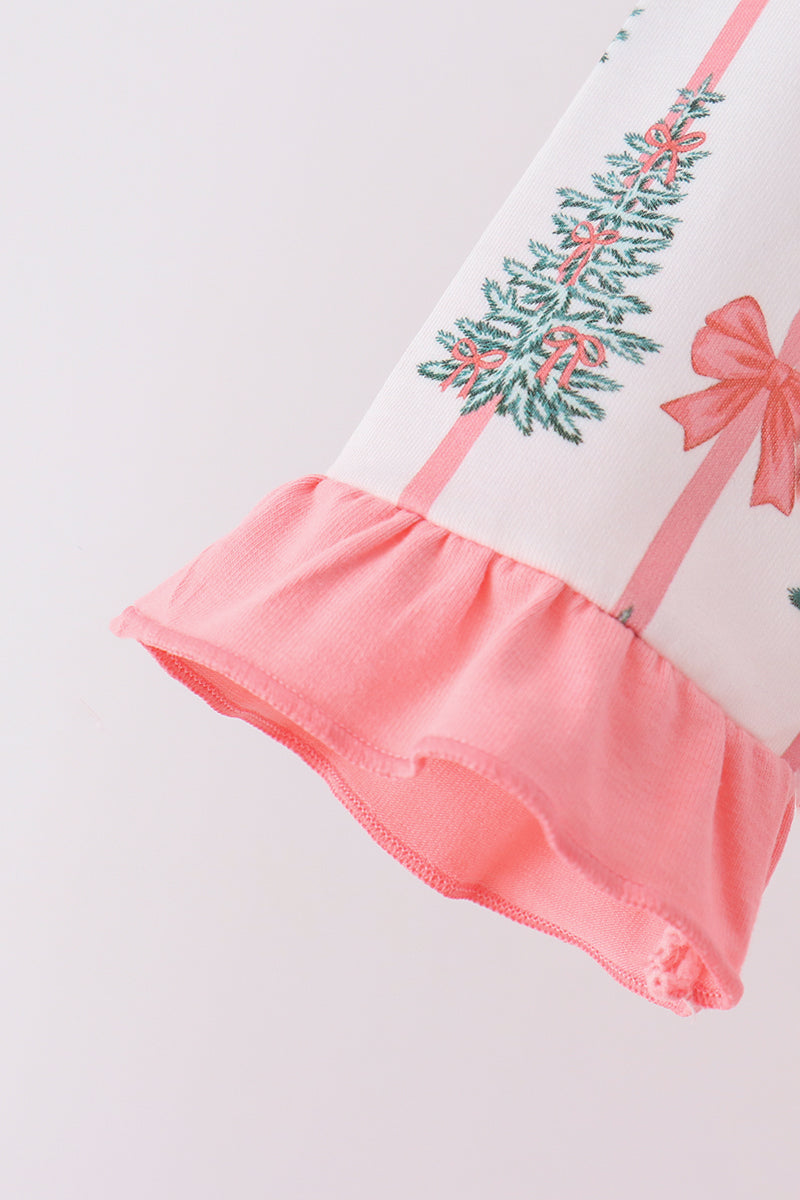 Pink Christmas Tree Bow Ruffle Pajama Set
