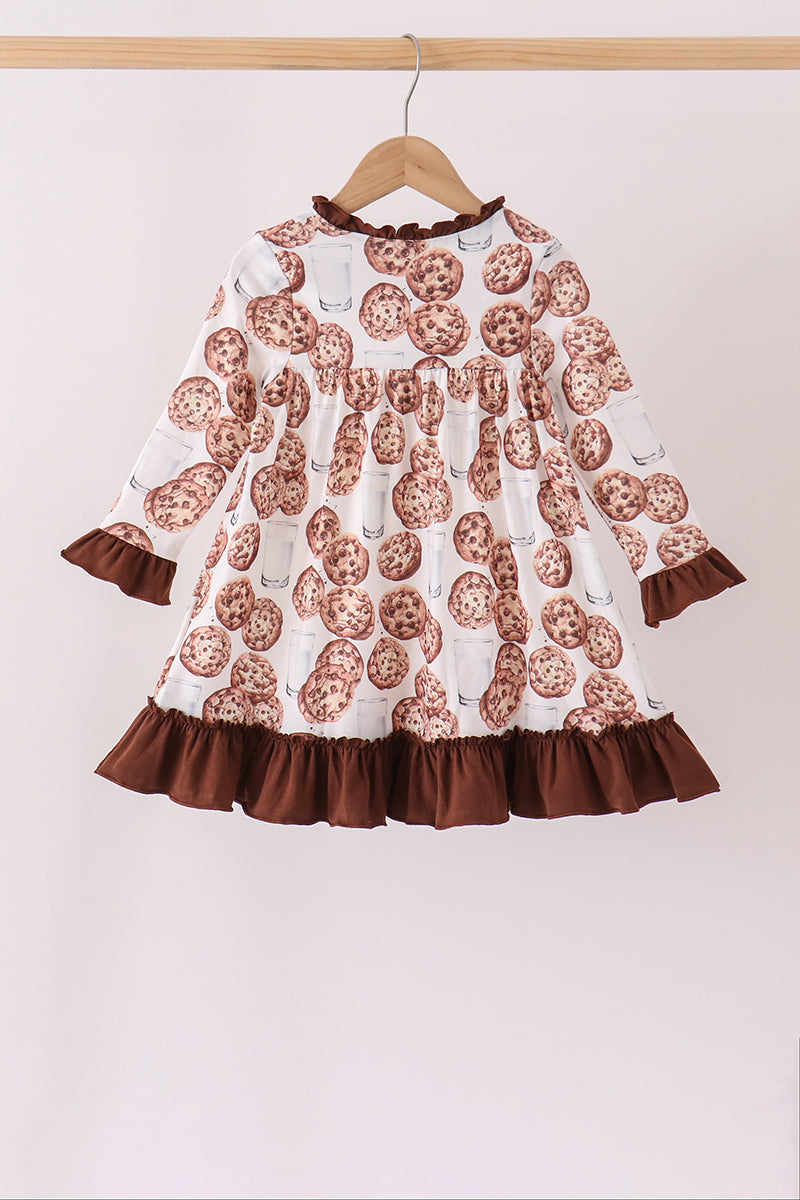 Brown Milk Cookie Print Ruffle Dress