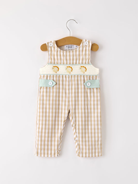 Fall Thanksgiving Apricot Plaid Chick Embroidery Smocking Baby Boys Romper
