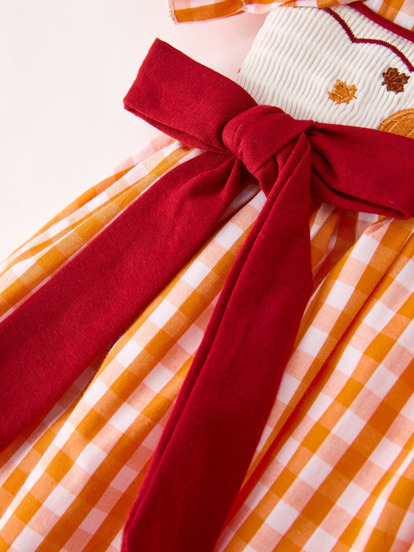 Fall Turkey Embroidered Dress for Girls – Orange Checkered with Thanksgiving Details