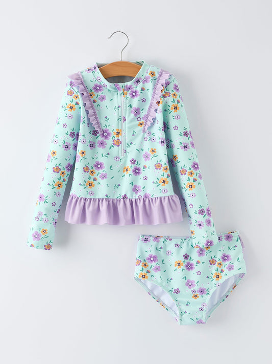 Summer Mint Floral Long Sleeve Girl Swimwear Set