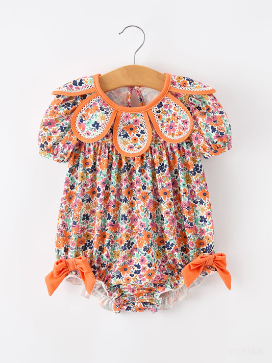 Orange Floral Bow Petals Collar Girls Romper