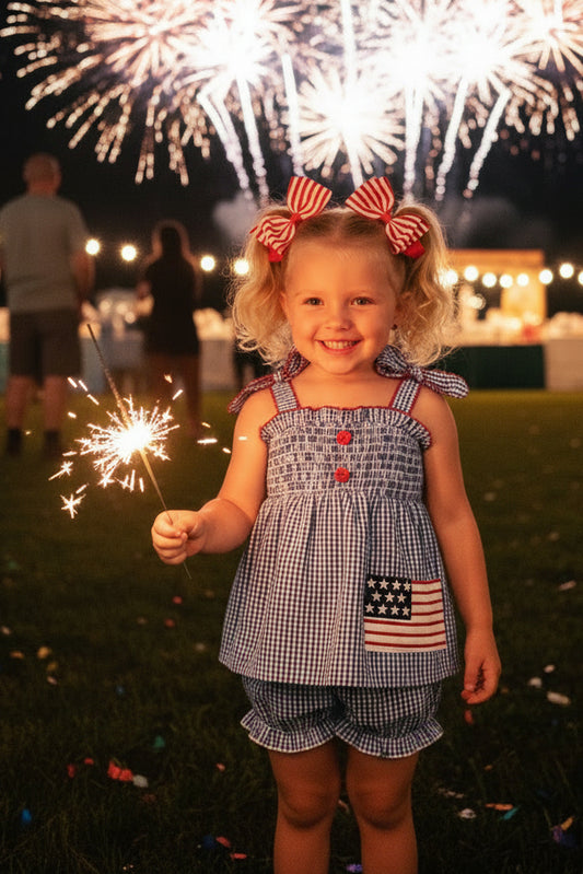4th of July Plaid Girls Set Flag Star Bow Top Shorts Outfit