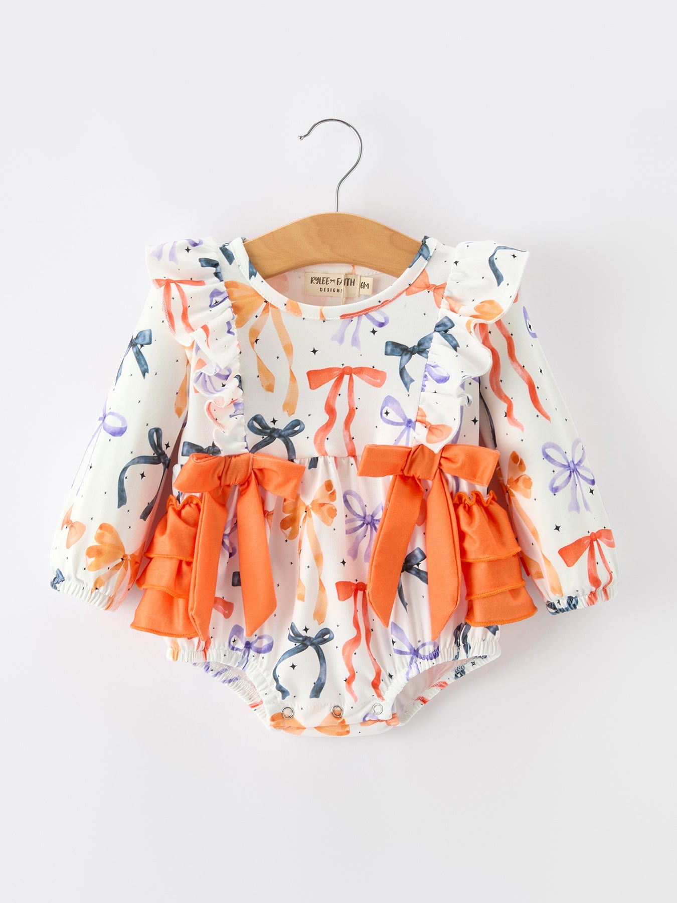Halloween Bow Print Girls Romper Ruffle Bow Long Sleeve