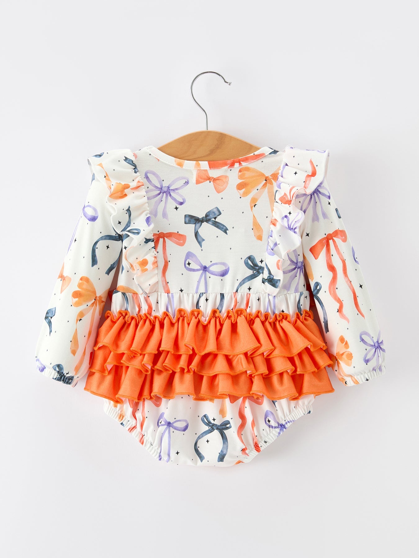 Halloween Bow Print Girls Romper Ruffle Bow Long Sleeve