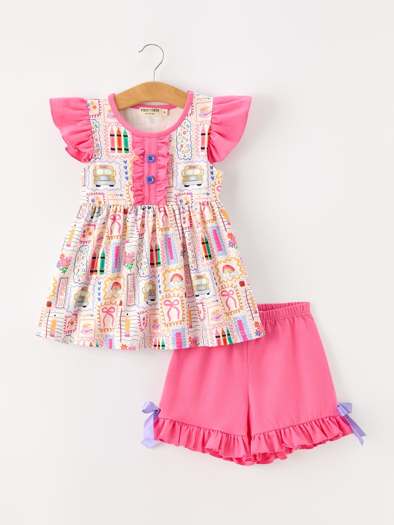 Back To School Crayon Bow Girls Flutter Sleeve Shorts Set