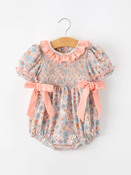 Fall Floral Baby Romper Smocked Ruffle Neck Bow