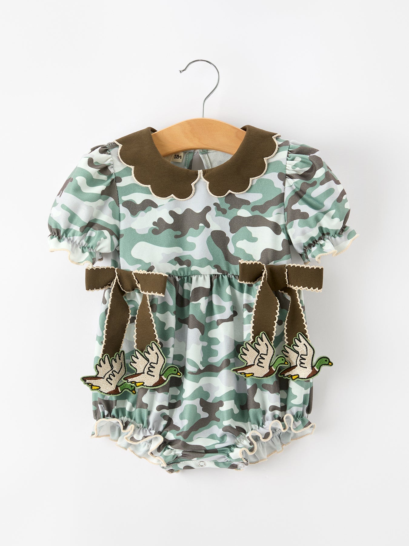Fall Camo Bow Girls Ruffle Bubble Romper