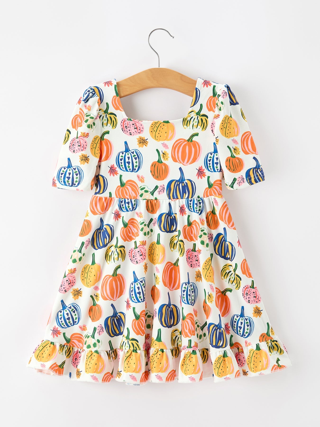 Halloween Pumpkin Print Girls Ruffle Hem Dress