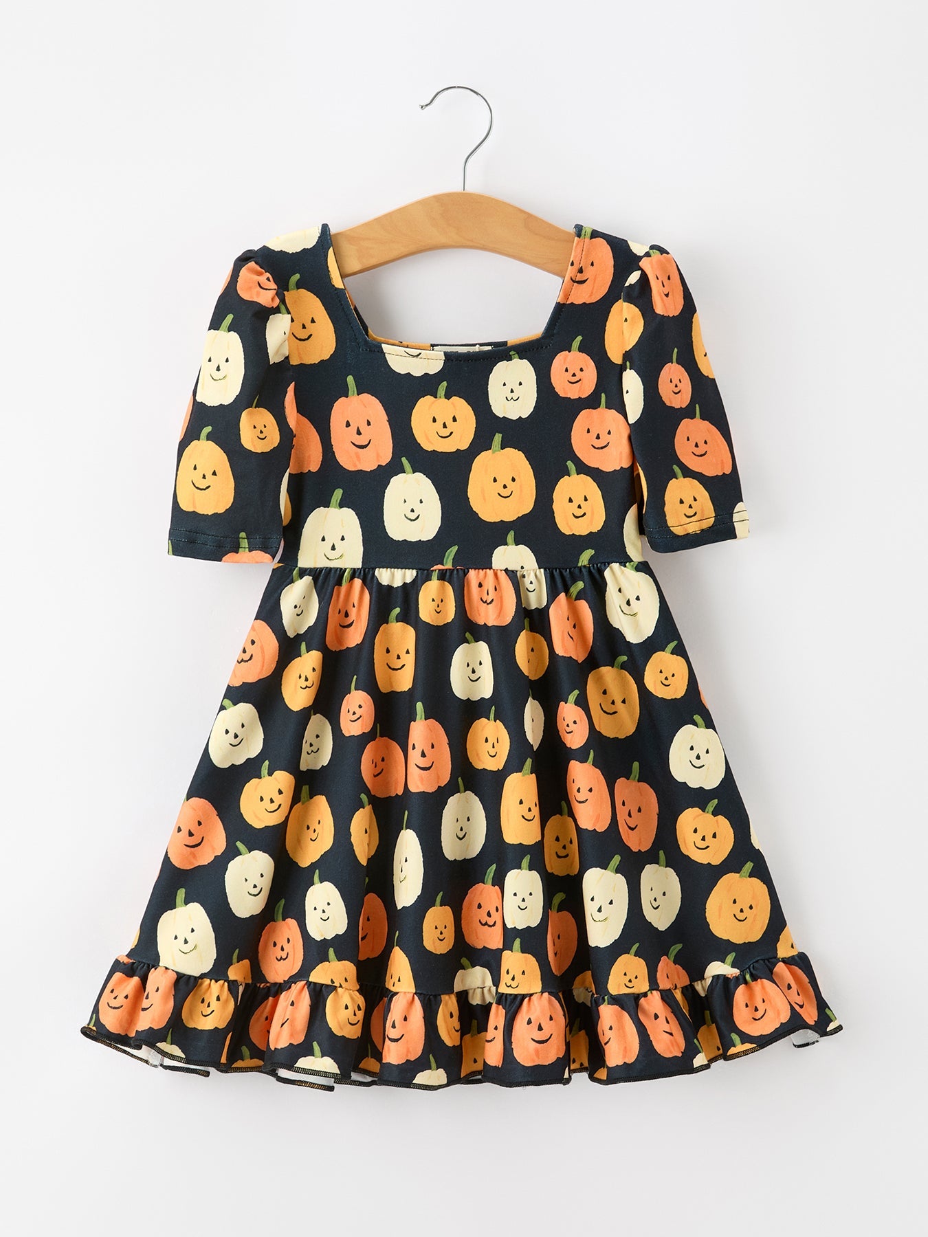 Halloween Pumpkin Print Square Neck Girls Dress