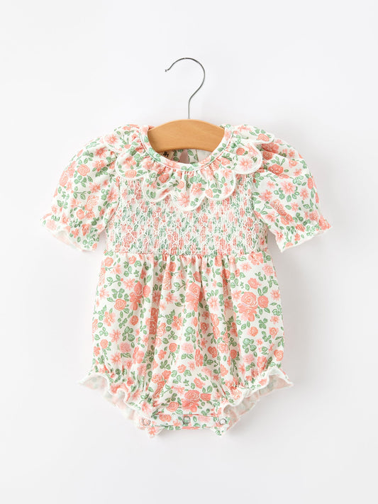 Fall Blush Floral Baby Romper Smocked Petal Collar