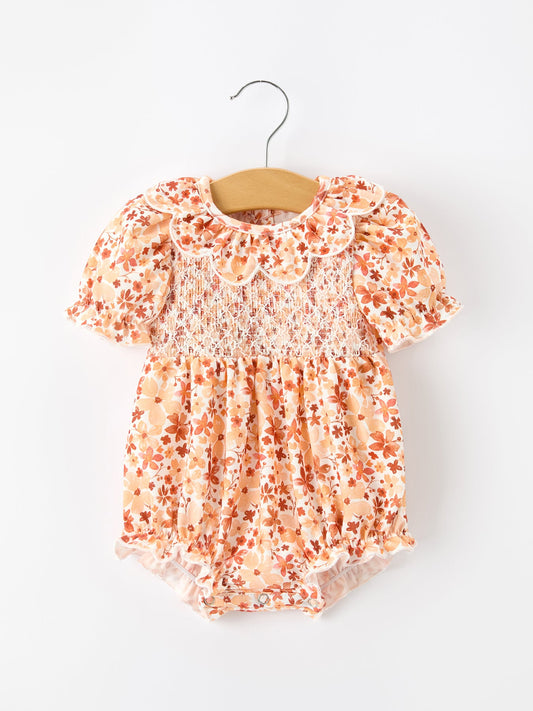 Fall Rust Floral Baby Romper Smocked Petal Collar