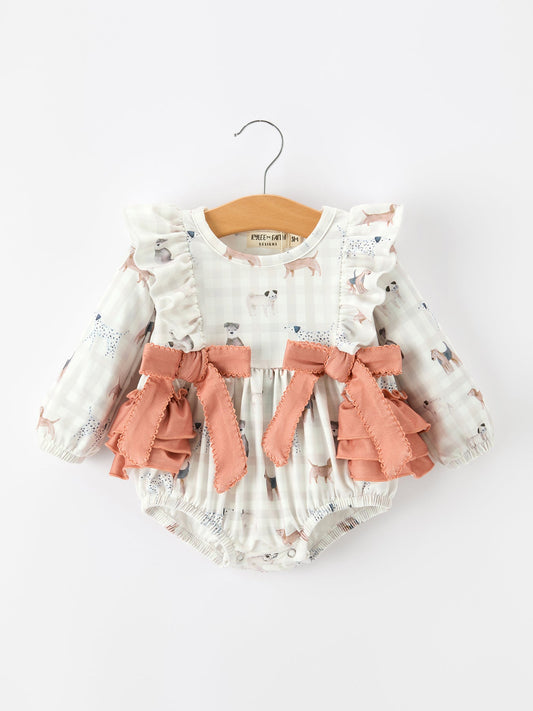Fall Plaid Dog Print Girls Long Sleeve Romper
