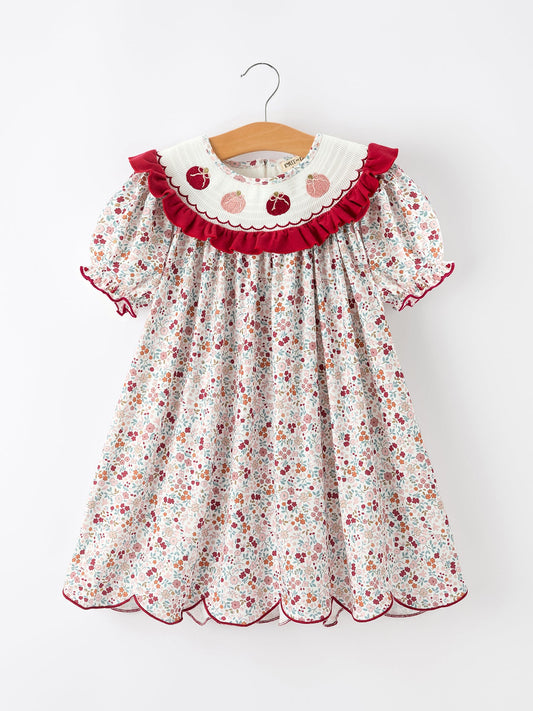 Fall Pumpkin Embroidery Girls Dress Floral Ruffle Collar Dress