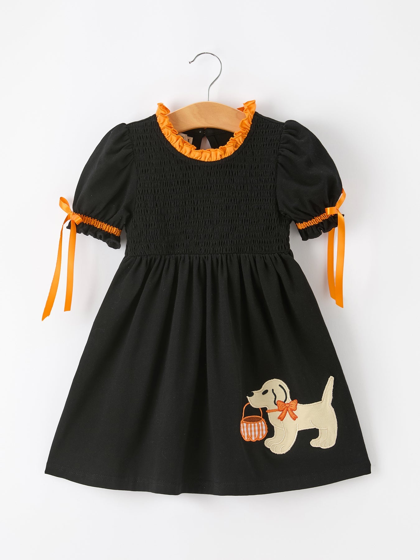 Girls Halloween Dog Pumpkin Applique Dress Puff Sleeve