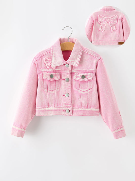 Girls Pink Denim Jacket with Lace Bow Back Detail