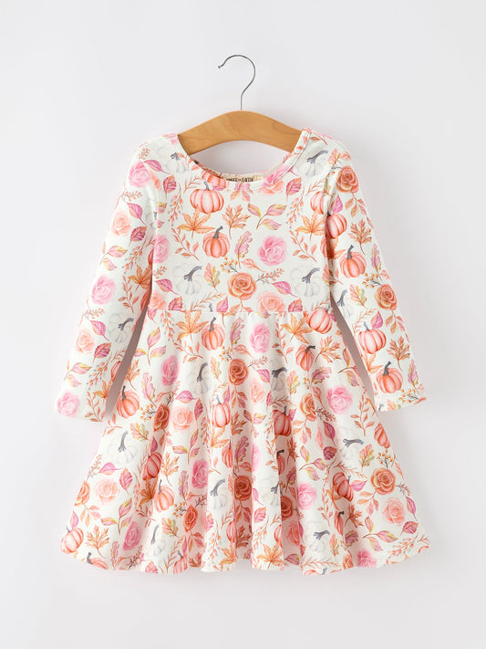 Thanksgiving Pumpkin Floral Girls Twirl Dress
