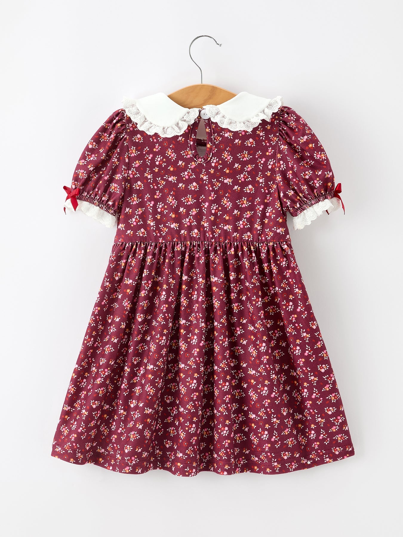 Burgundy Floral Smocked Girls Dress Peter Pan Collar Lace Trim