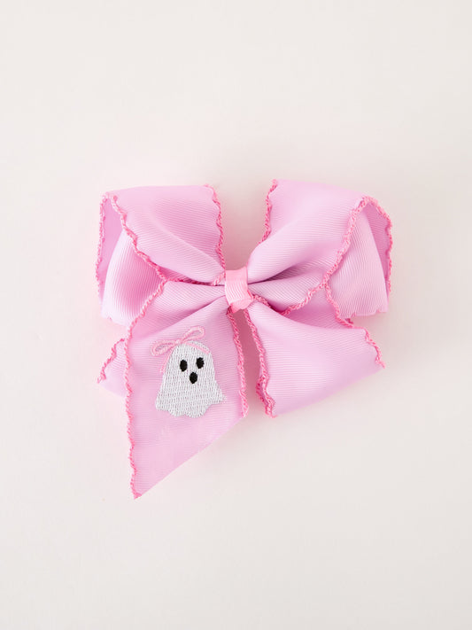 Halloween Girls Pink Ghost Embroidered 6.25" Hair Bow