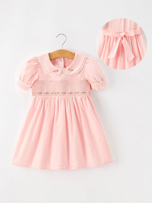 Fall Girls Pink Floral Embroidered Smocked Peter Pan Collar Dress