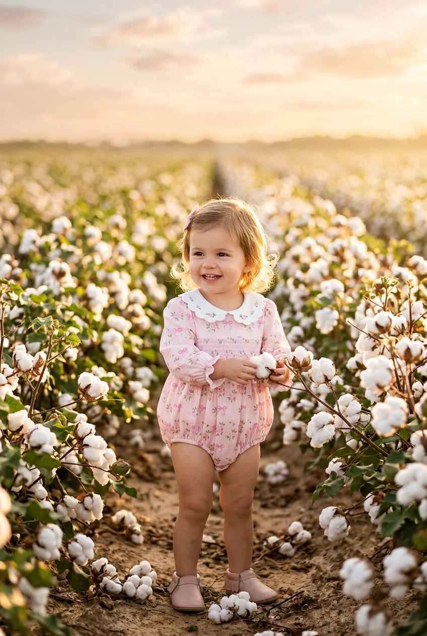 FALL Baby Girls Pink Floral Embroidered Collar Smocked Romper