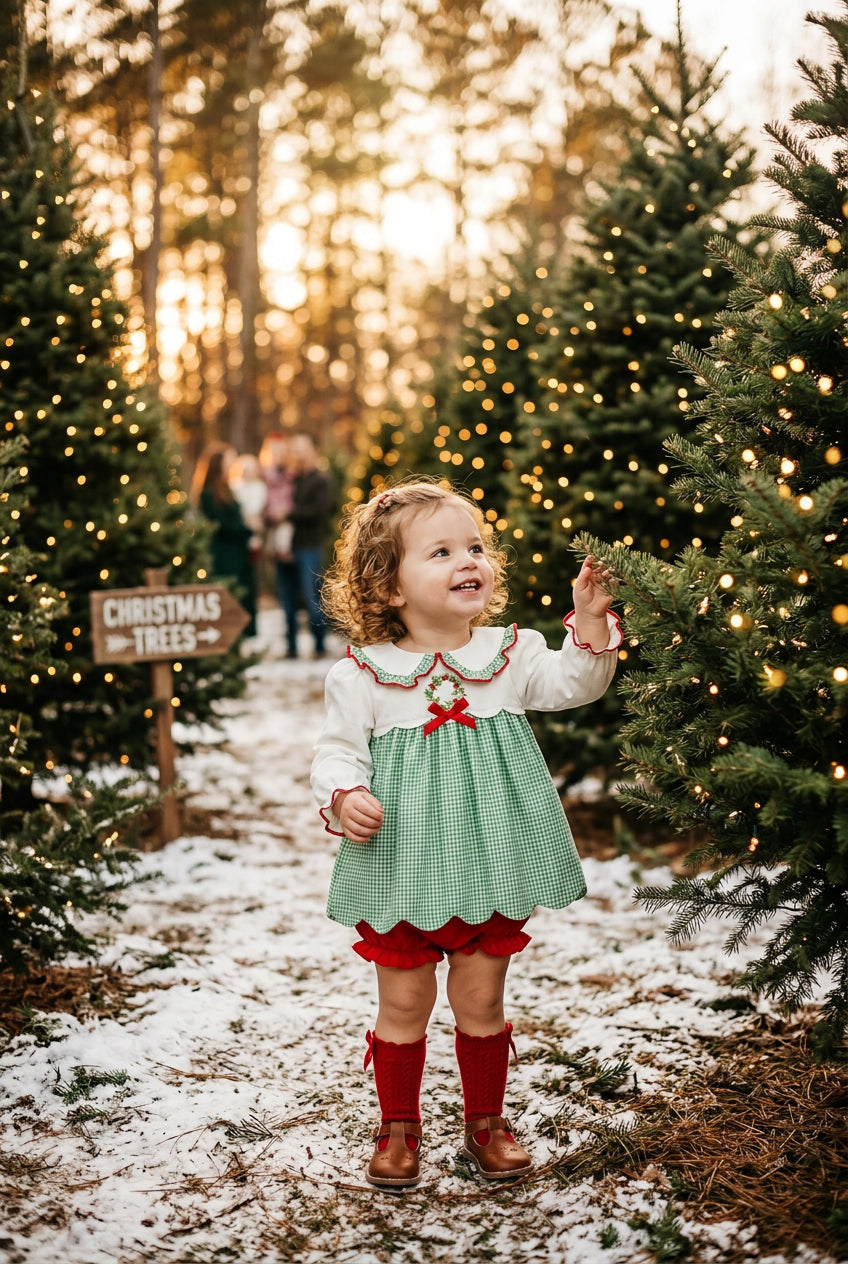 Baby Girls Christmas Green Plaid Embroidered Dress Top & Bloomer Set
