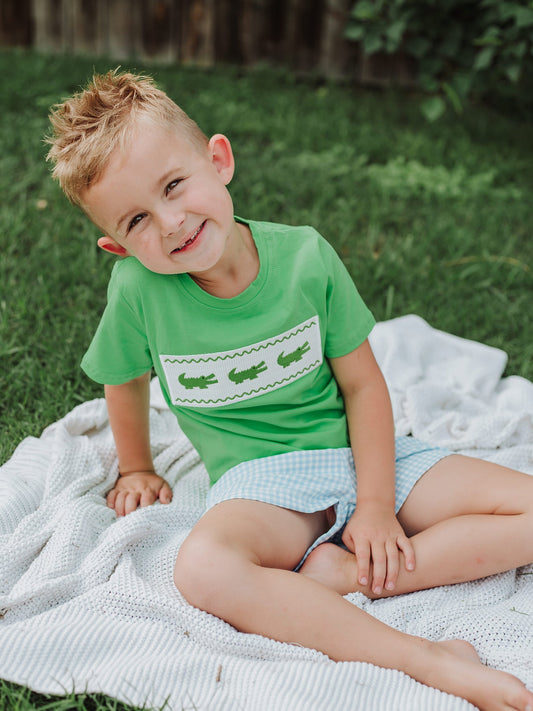 Toddler Boys Summer Crocodile Embroidered Plaid Shorts Set
