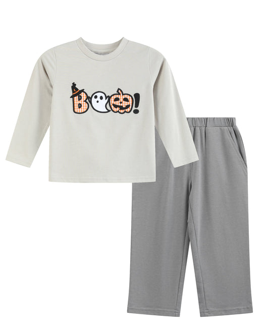 Halloween Gray Boo Applique Shirt and Pants Set