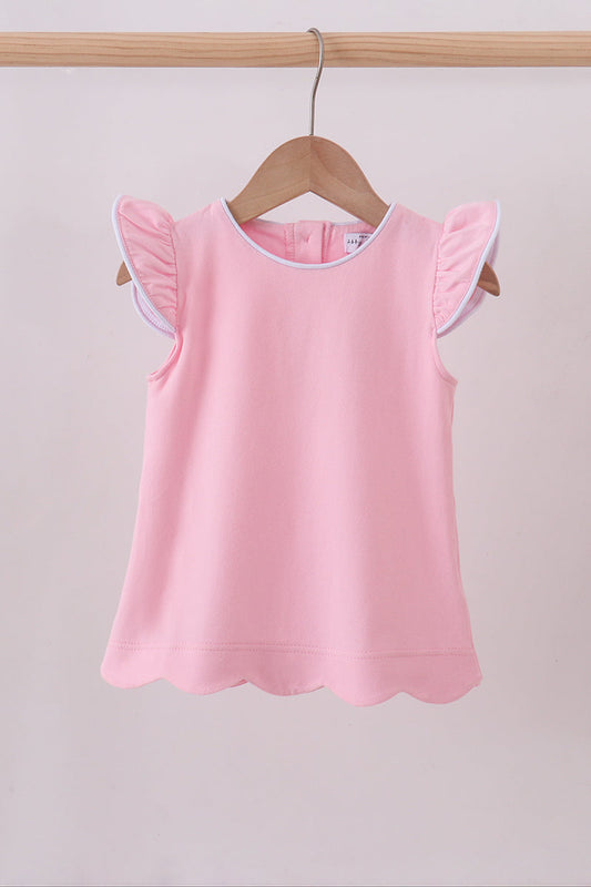 Pink flutter sleeve scalloped top
