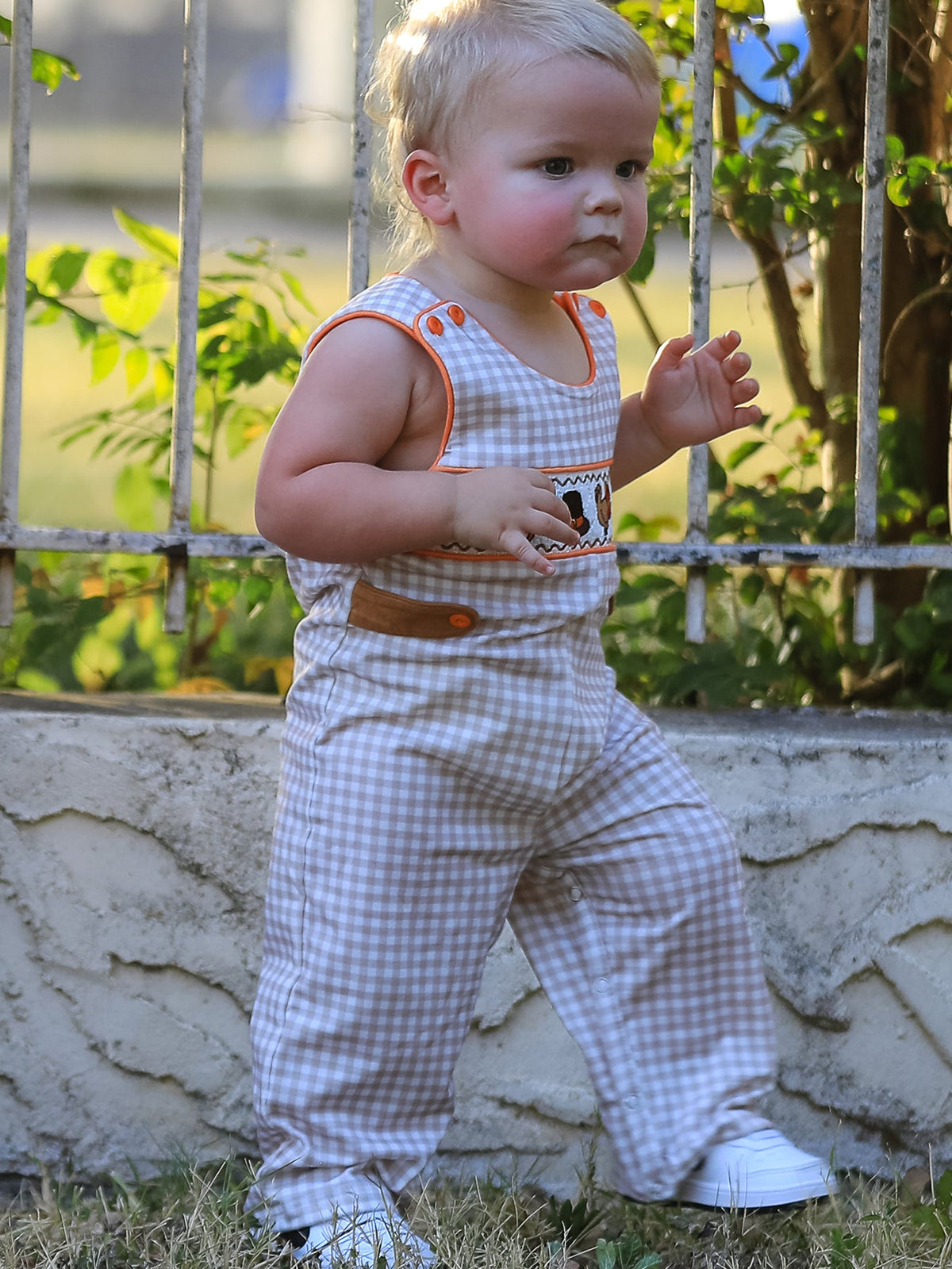 Thanksgiving Boys Gingham Jon Jon Embroidered Romper