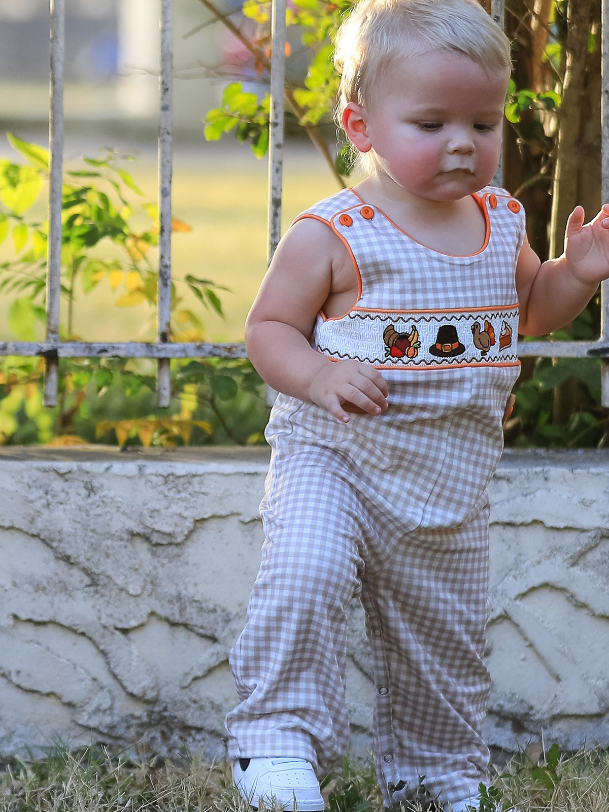 Thanksgiving Boys Gingham Jon Jon Embroidered Romper