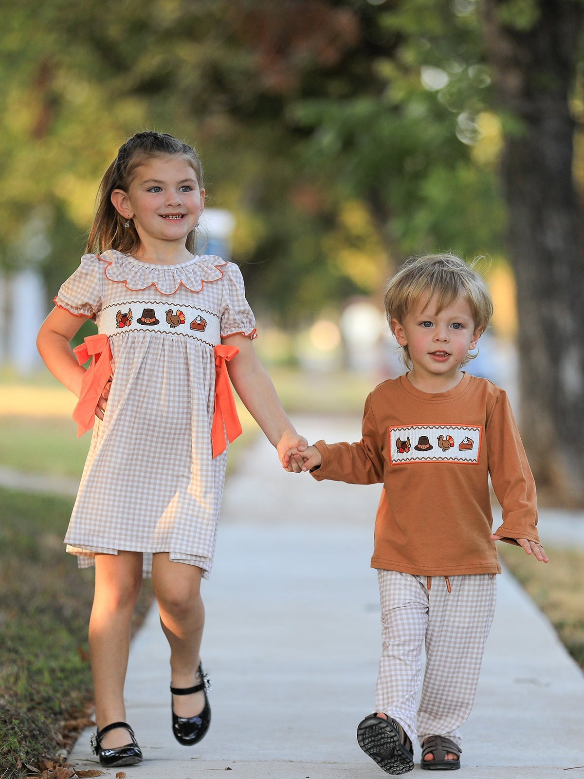 Thanksgiving Boys Embroidered Shirt Gingham Pants Set Fall Outfit